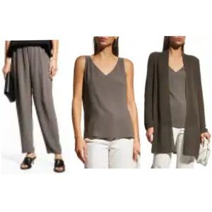 3 Piece Eileen Fisher Rye silk pants, tank and cardigan EUC